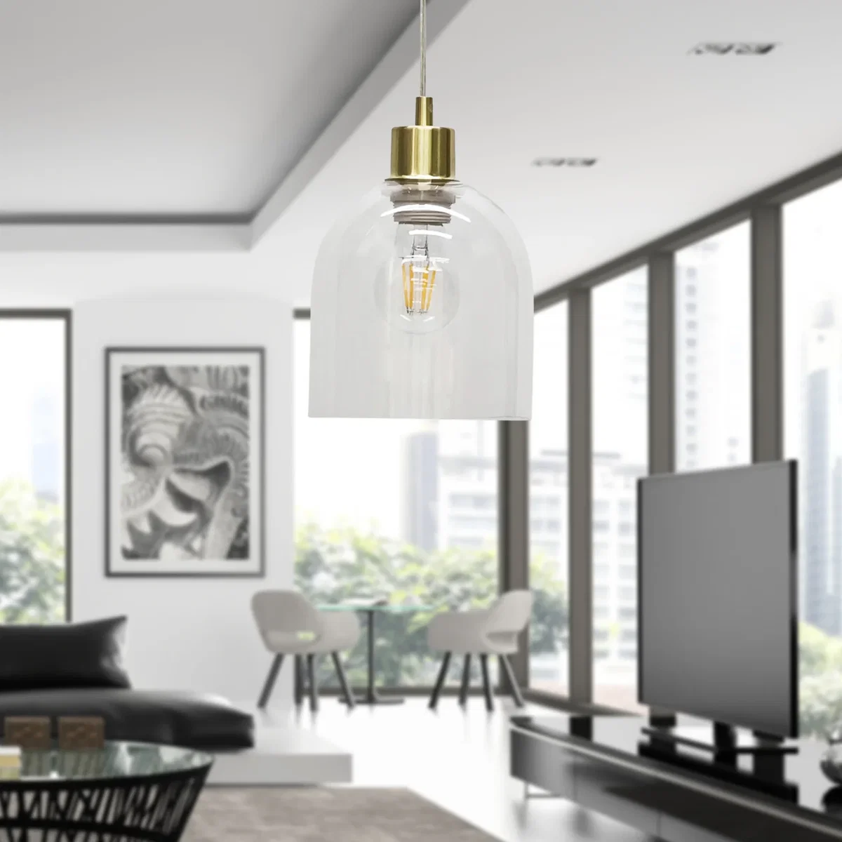 Belten Clear Glass Cloche With Satin Brass Pendant Fitting - Satin Brass & Clear – image 4