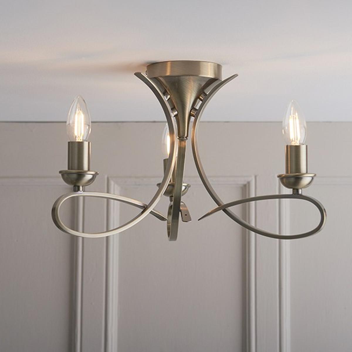 Penn 3 Light Semi Flush Ceiling Light Brushed Brass effect plate, E14 - Brushed brass effect plate – image 2