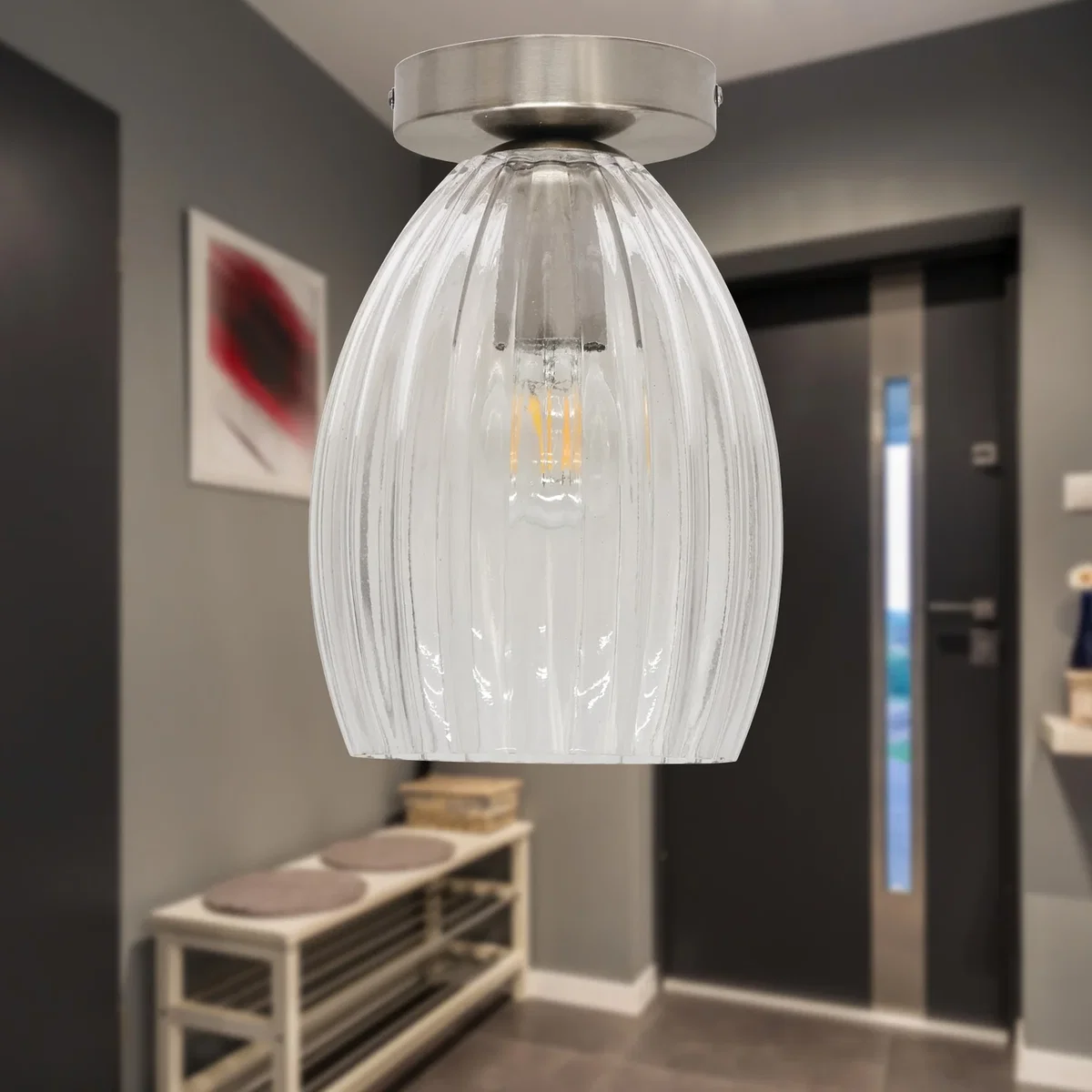 Set Of 2 Birch Fluted Glass Satin Nickel Ceiling Light Fittings - Satin Nickel & Clear – image 4
