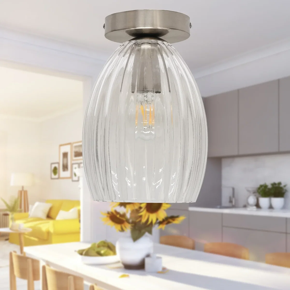 Set Of 2 Birch Fluted Glass Satin Nickel Ceiling Light Fittings - Satin Nickel & Clear – image 5