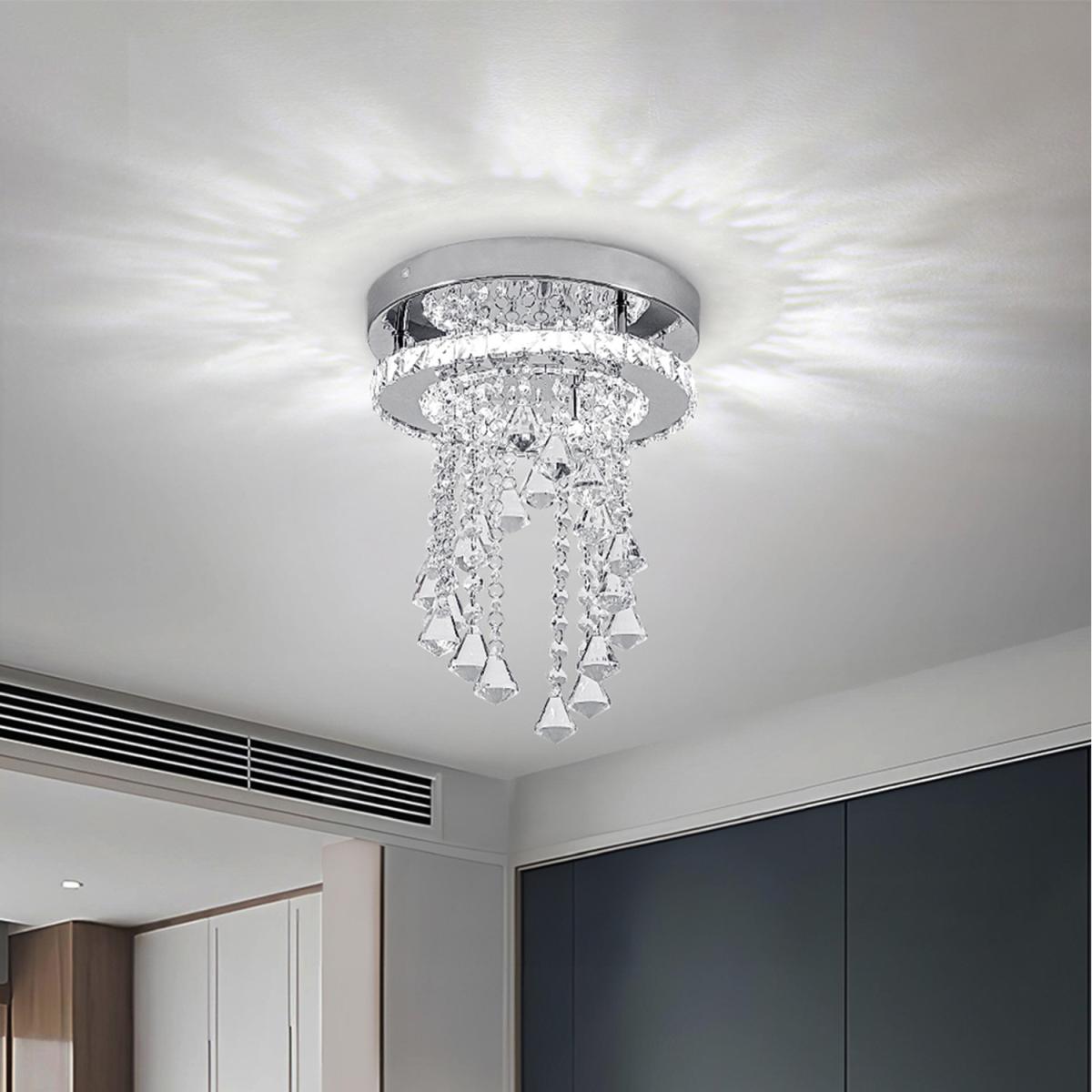 Ceiling Light with Circular Crystal Ring and Crystal Pendants - Silver