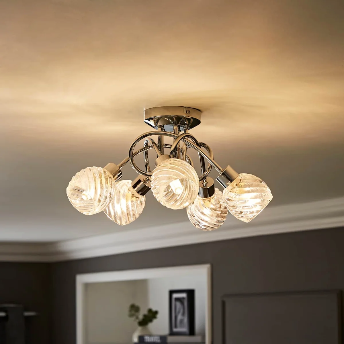 Reyka 5 Way Polished Chrome Curved Arm Flush Ceiling Light With Swirled Glass Shades - Chrome – image 2