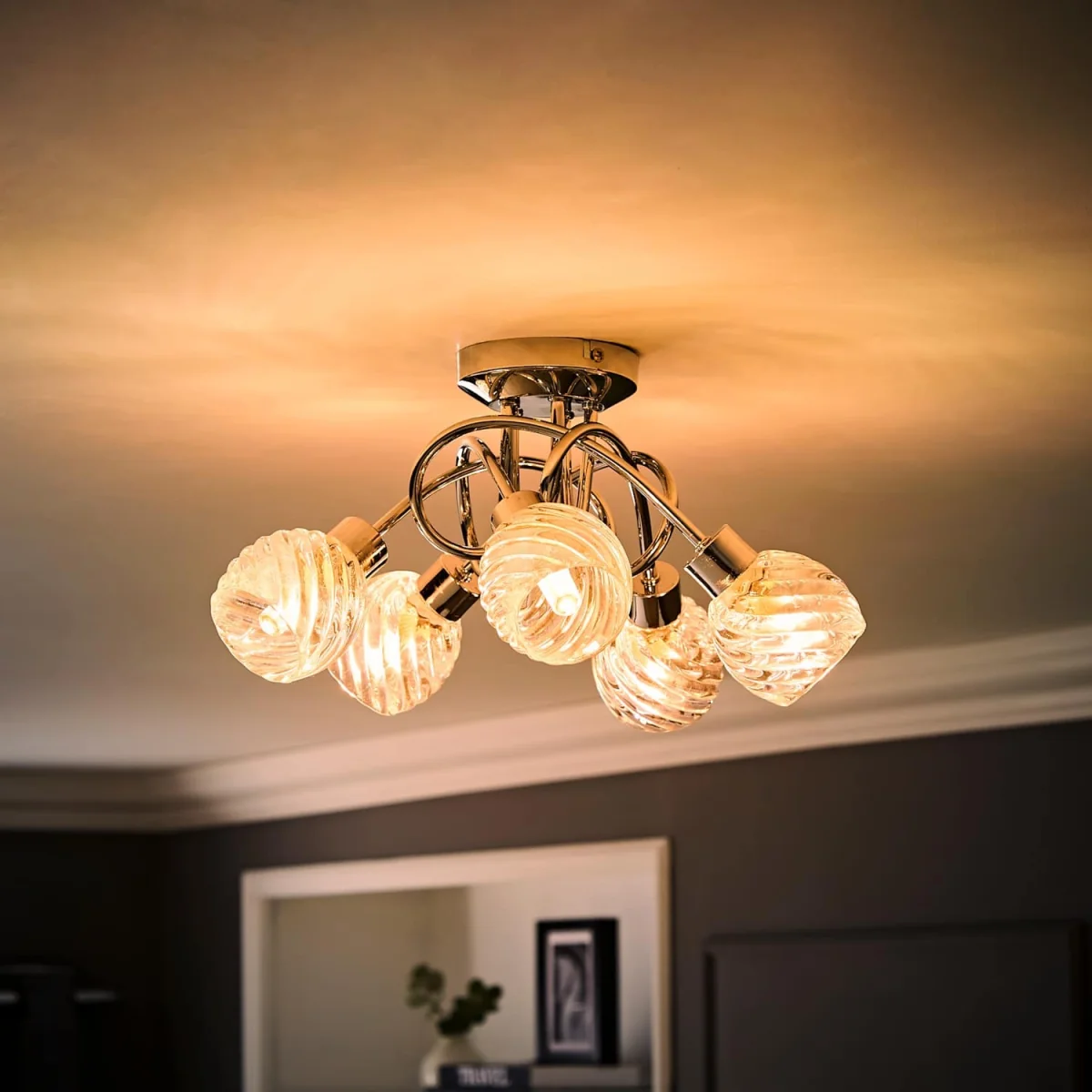 Reyka 5 Way Polished Chrome Curved Arm Flush Ceiling Light With Swirled Glass Shades - Chrome – image 3