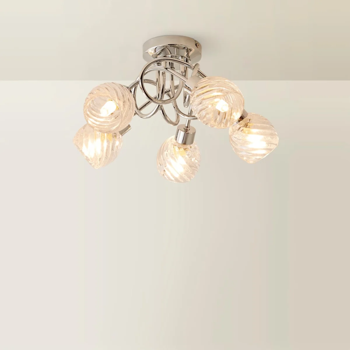 Reyka 5 Way Polished Chrome Curved Arm Flush Ceiling Light With Swirled Glass Shades - Chrome – image 4