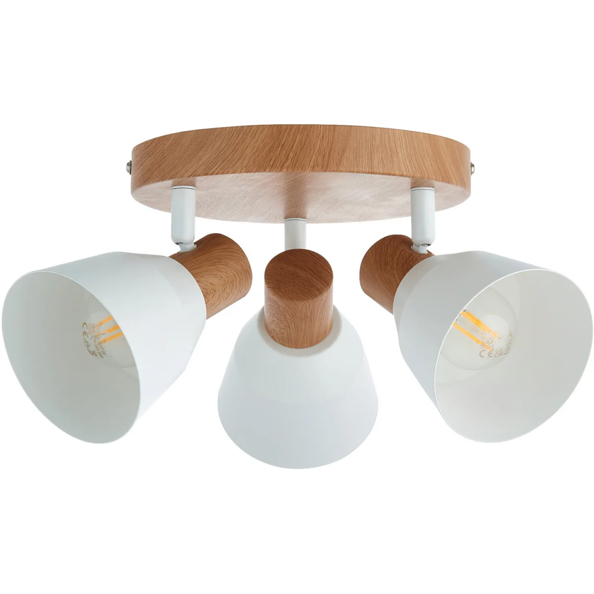 Set of 2 Matt White & Wood Detail 3 Way Ceiling Spotlights - Matt White With Wood Effect Detail – image 2
