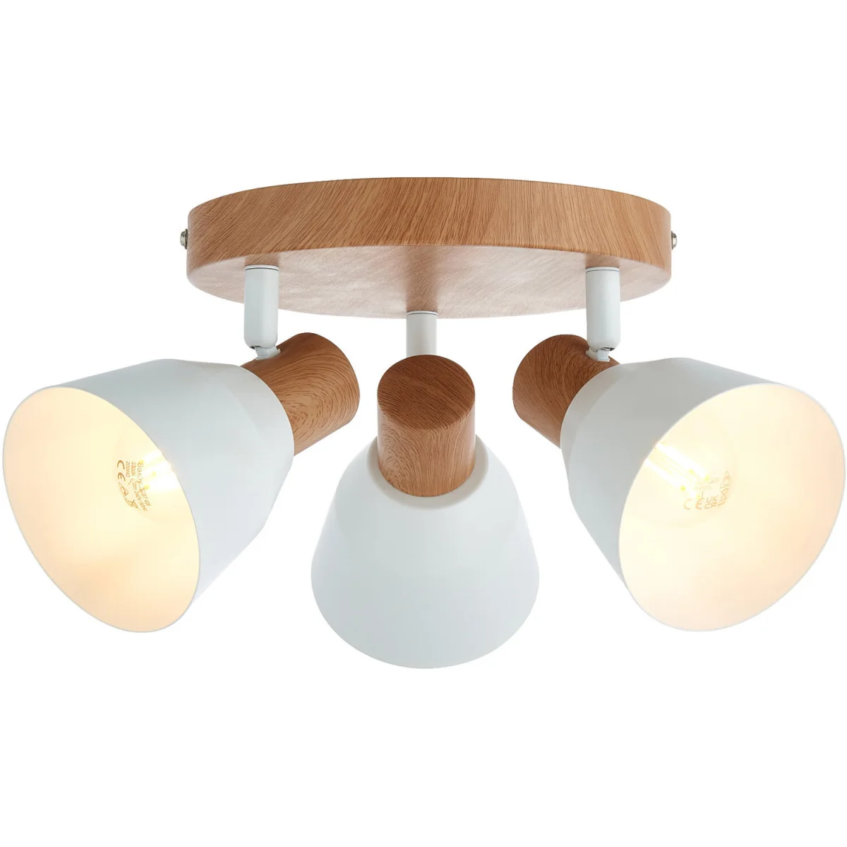 Set of 2 Matt White & Wood Detail 3 Way Ceiling Spotlights - Matt White With Wood Effect Detail – image 3