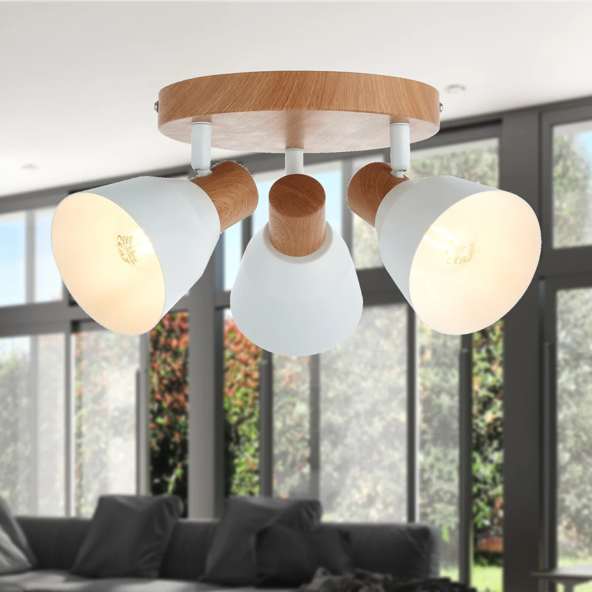 Set of 2 Matt White & Wood Detail 3 Way Ceiling Spotlights - Matt White With Wood Effect Detail – image 5