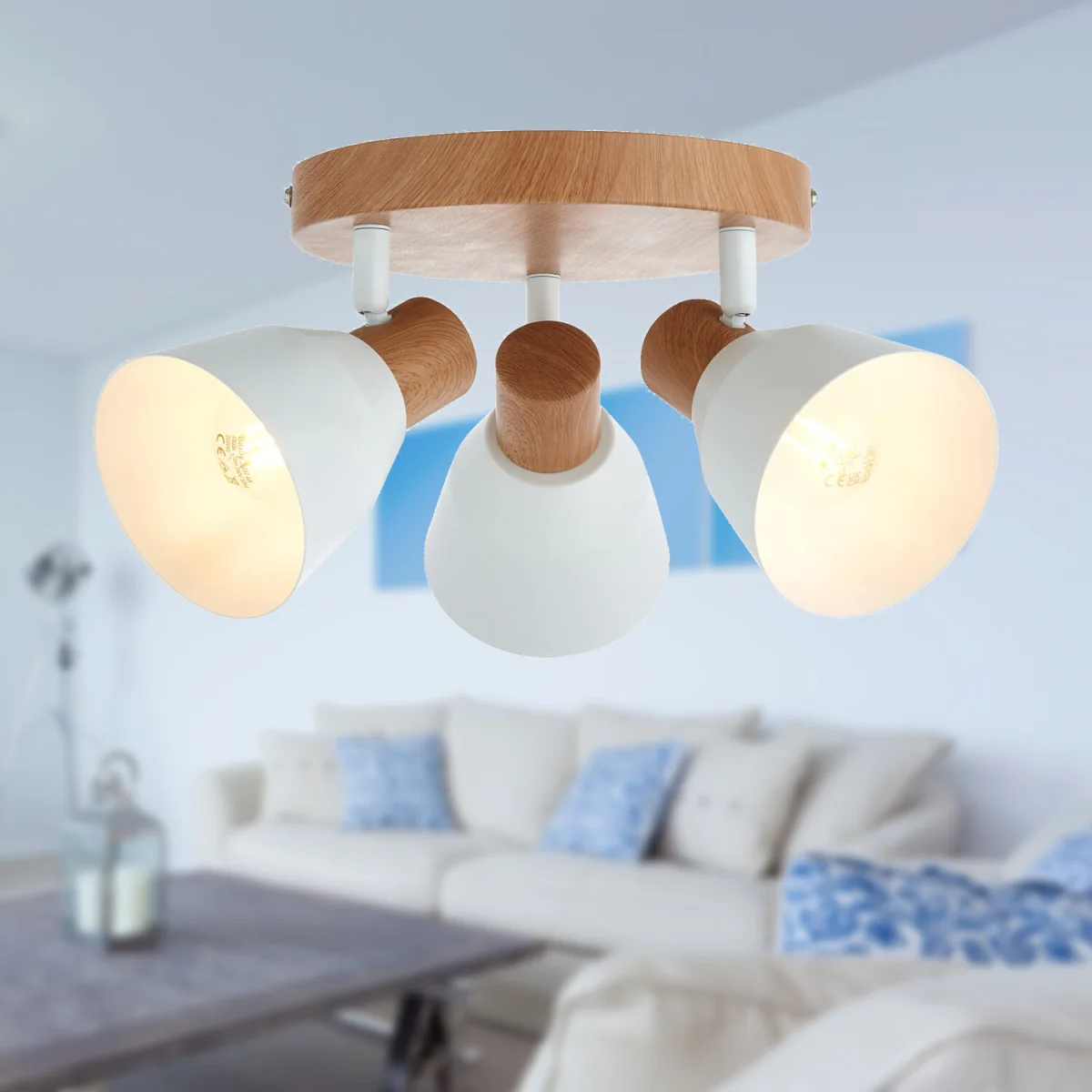 Set of 2 Matt White & Wood Detail 3 Way Ceiling Spotlights - Matt White With Wood Effect Detail – image 6