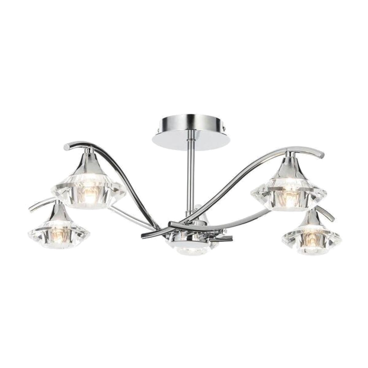 Chrome and Crystal Glass Semi Flush 5 Light Ceiling Fitting - Chrome