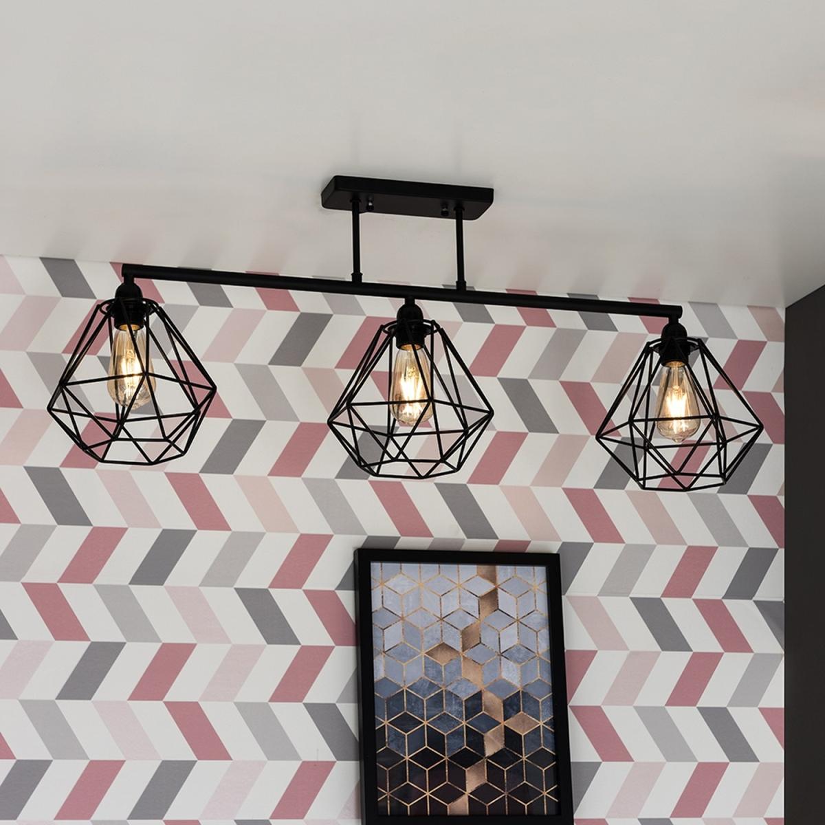Industrial 3 Way Satin Black Pipework Ceiling Light With Black Cage Shades - Black – image 2