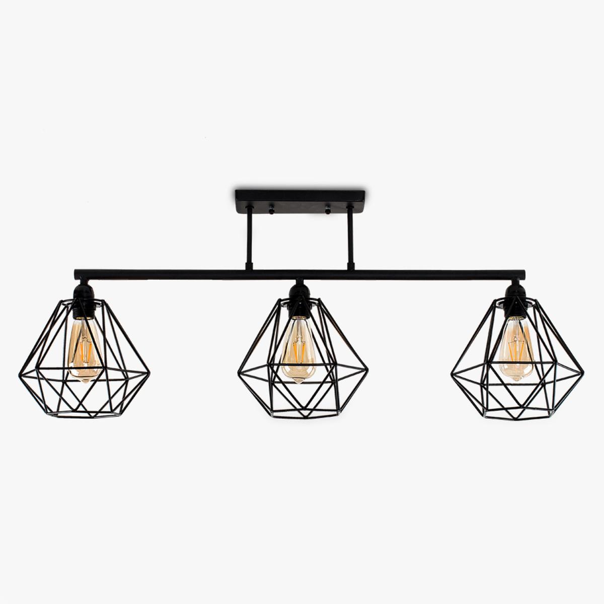 Industrial 3 Way Satin Black Pipework Ceiling Light With Black Cage Shades - Black – image 3