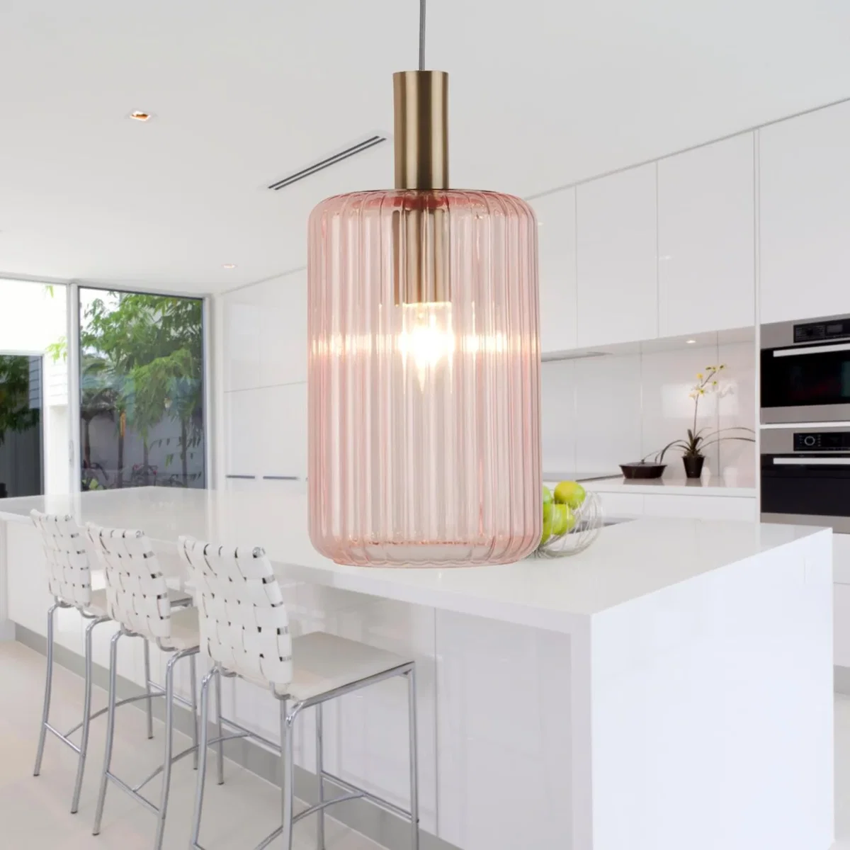 Blush Pink And Gold Fluted Glass Design Pendant Fitting - Gold & Blush Pink – image 4