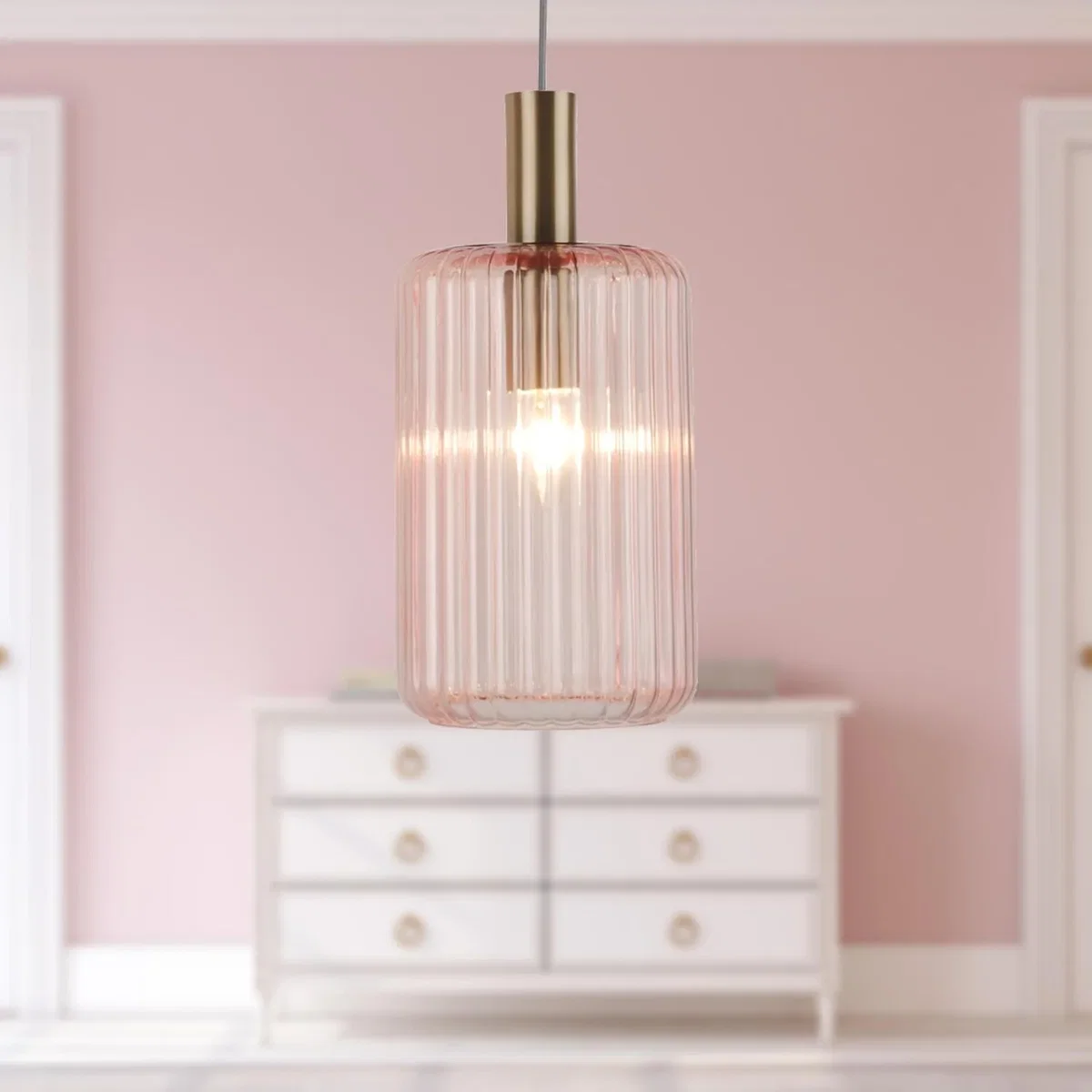 Blush Pink And Gold Fluted Glass Design Pendant Fitting - Gold & Blush Pink – image 5