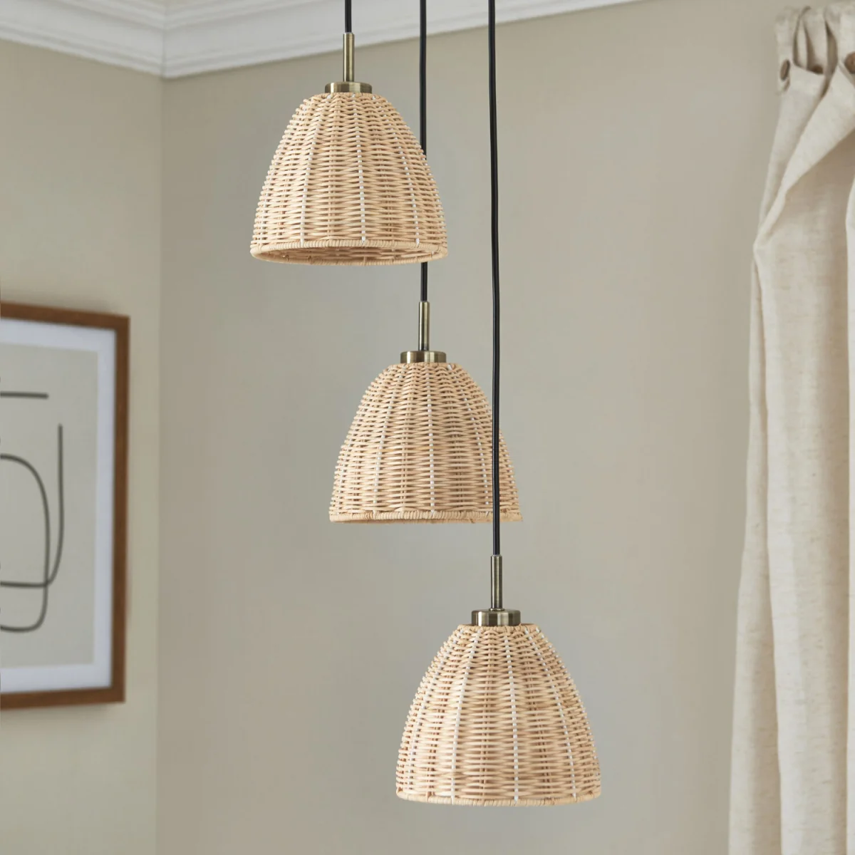 Celia 3lt Ceiling Pendant Light - Antique Brass Plate And Natural Rattan – image 4