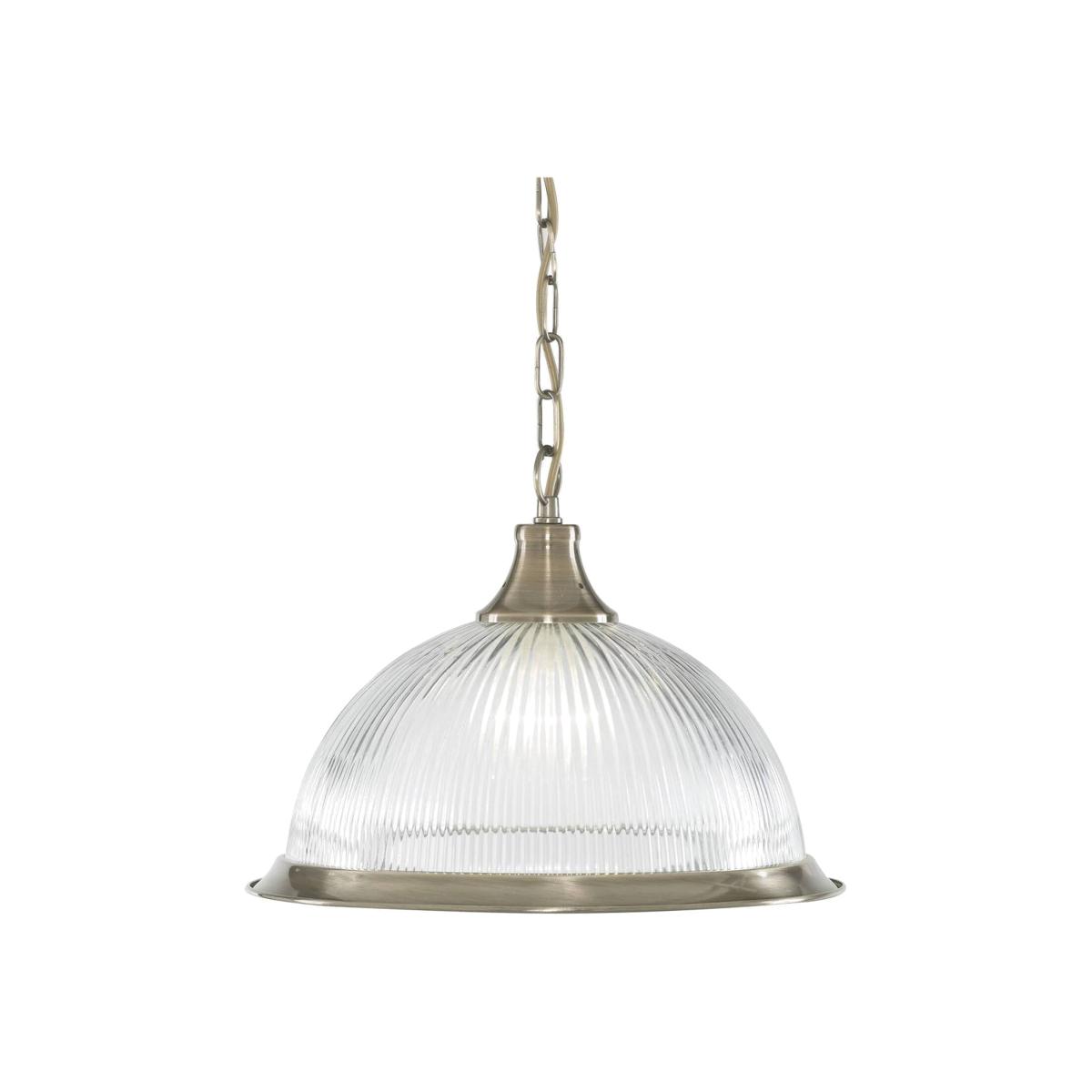 American Diner 1 Light Dome Ceiling Pendant Antique Brass, Ribbed Glass, E27 - Antique Brass