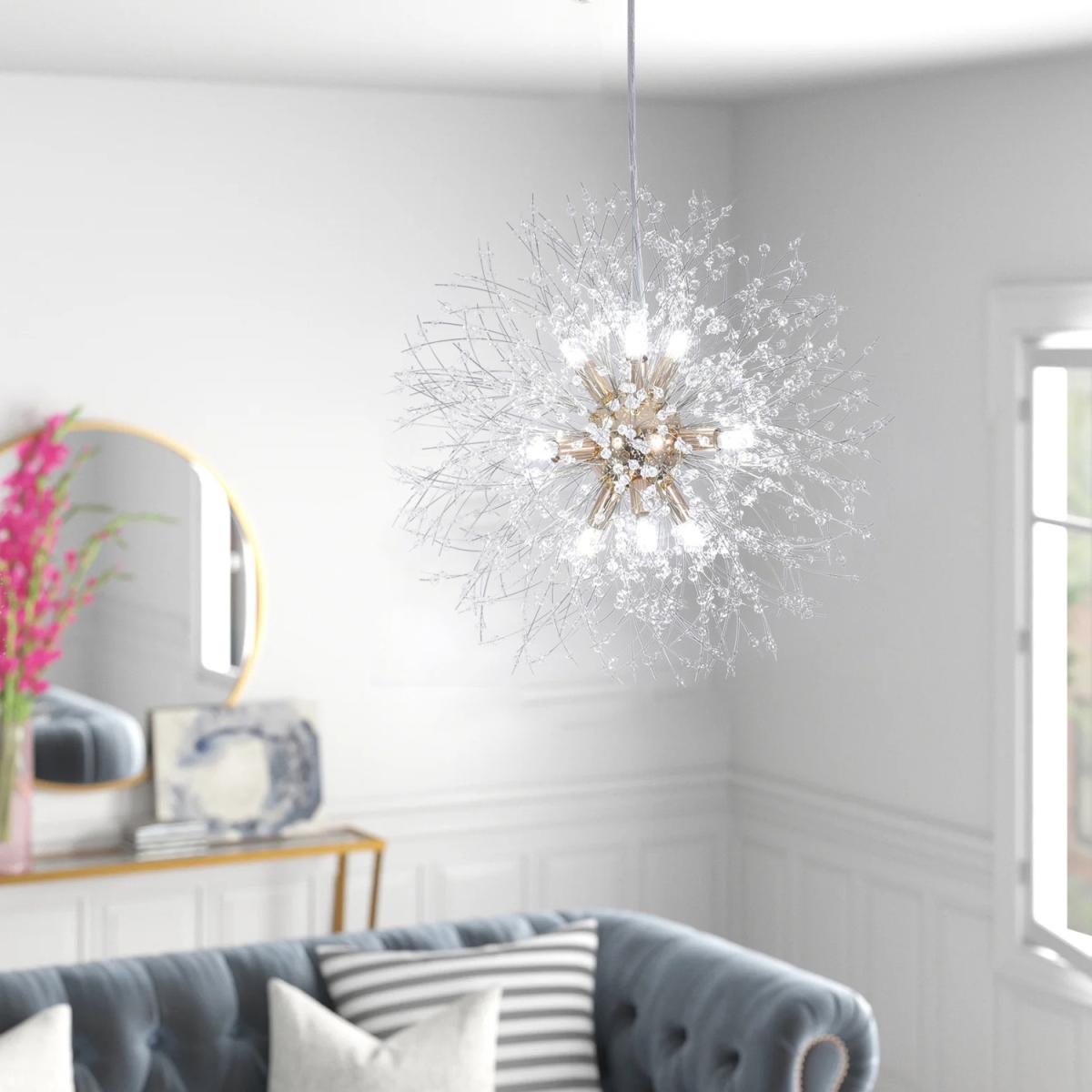 9-Light Dandelion Crystal Pendant - Gold – image 10
