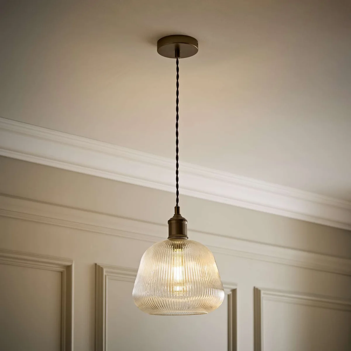 Delora Ribbed Bell Glass Shade Single Ceiling Pendant Light - Brushed Brass / 0 – image 4