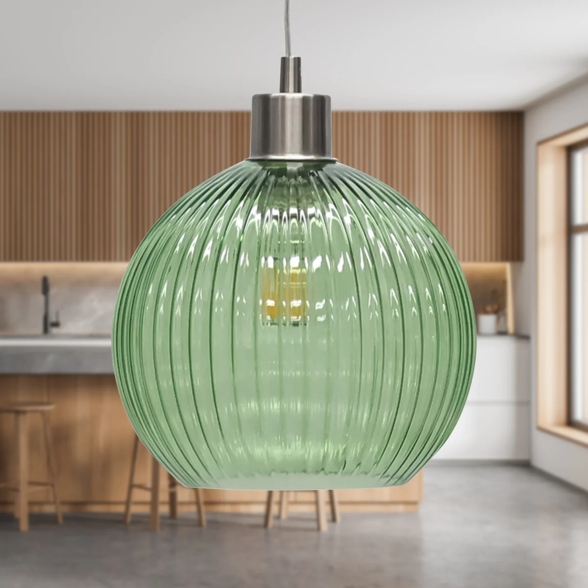 Set Of 2 Betchley Green Ribbed Glass Globe With Satin Nickel Pendant - Satin Nickel & Green – image 3