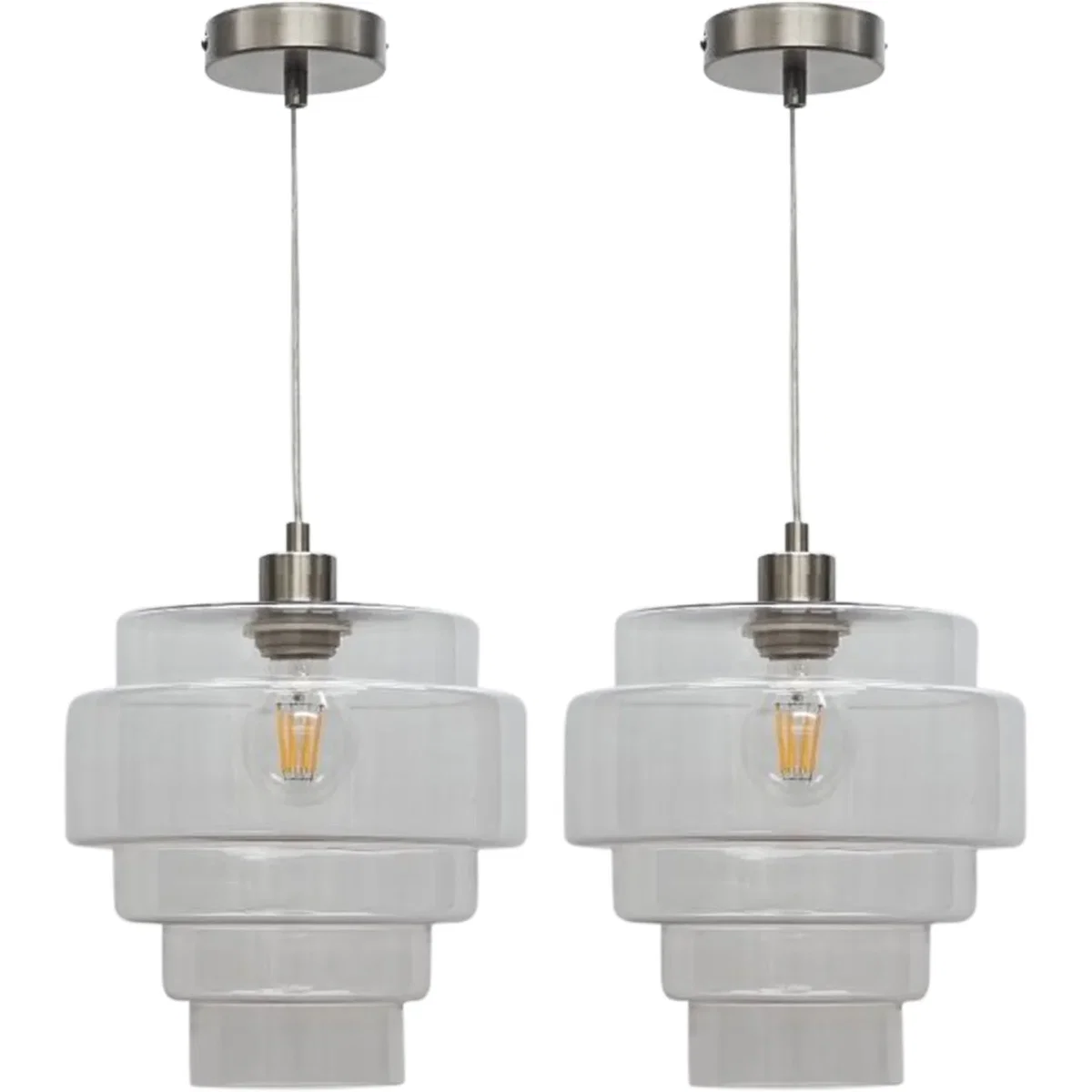Set Of 2 Benson 5 Tier Glass & Satin Nickel Ceiling Pendant Lights - Satin Nickel & Clear – image 2
