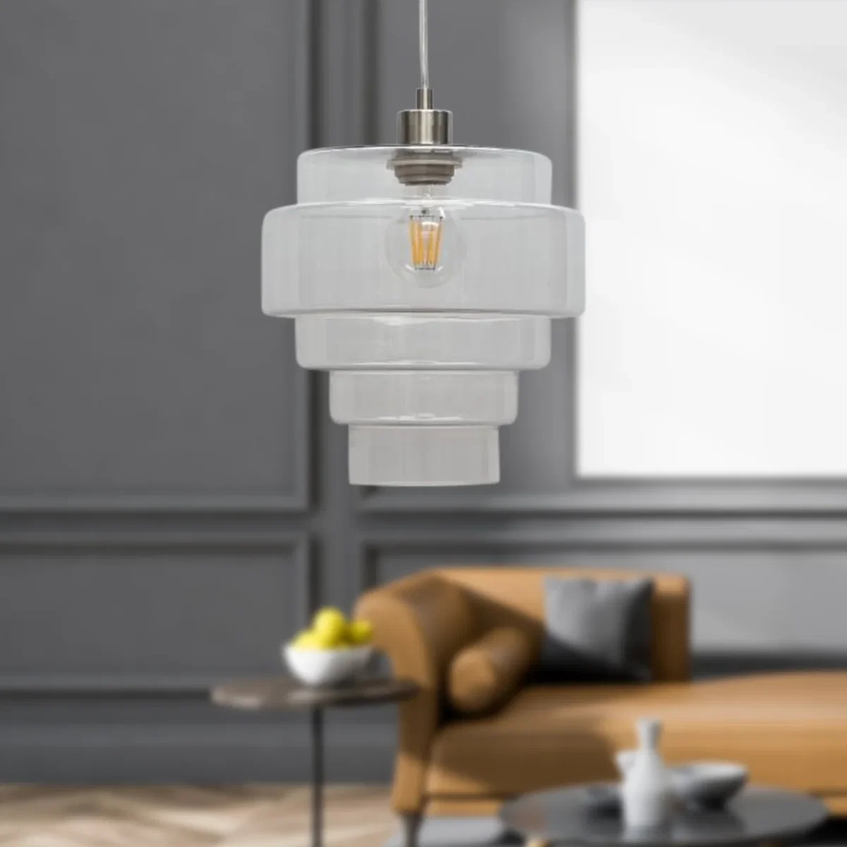 Set Of 2 Benson 5 Tier Glass & Satin Nickel Ceiling Pendant Lights - Satin Nickel & Clear – image 4