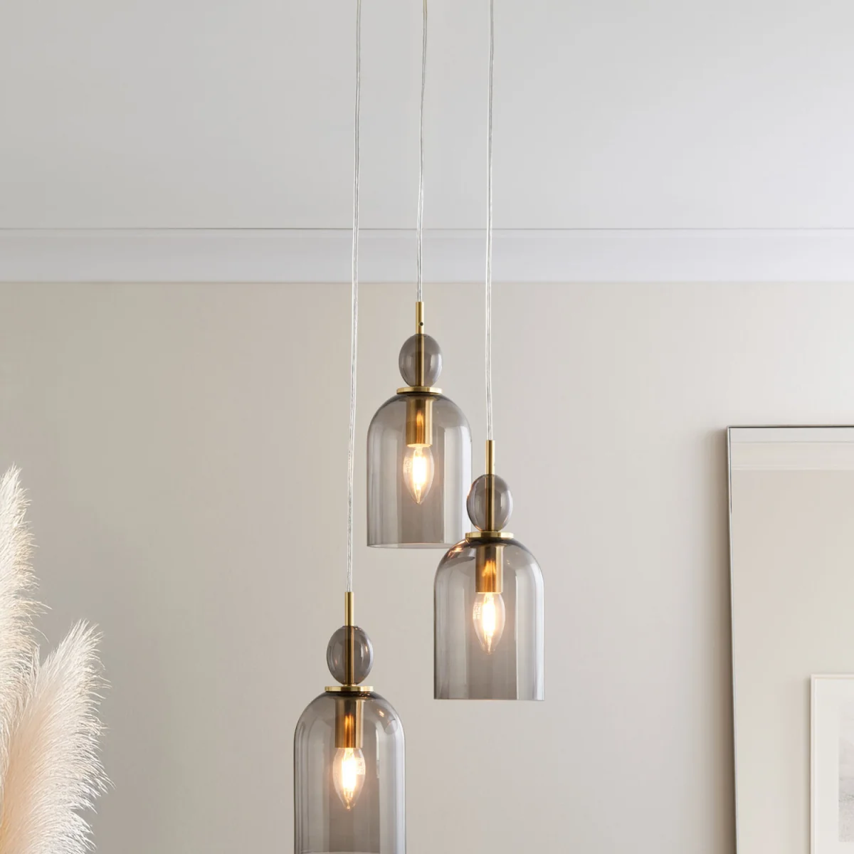 Pebble 3lt Ceiling Pendant Light - Satin Brass Plate And Smoked Glass – image 8