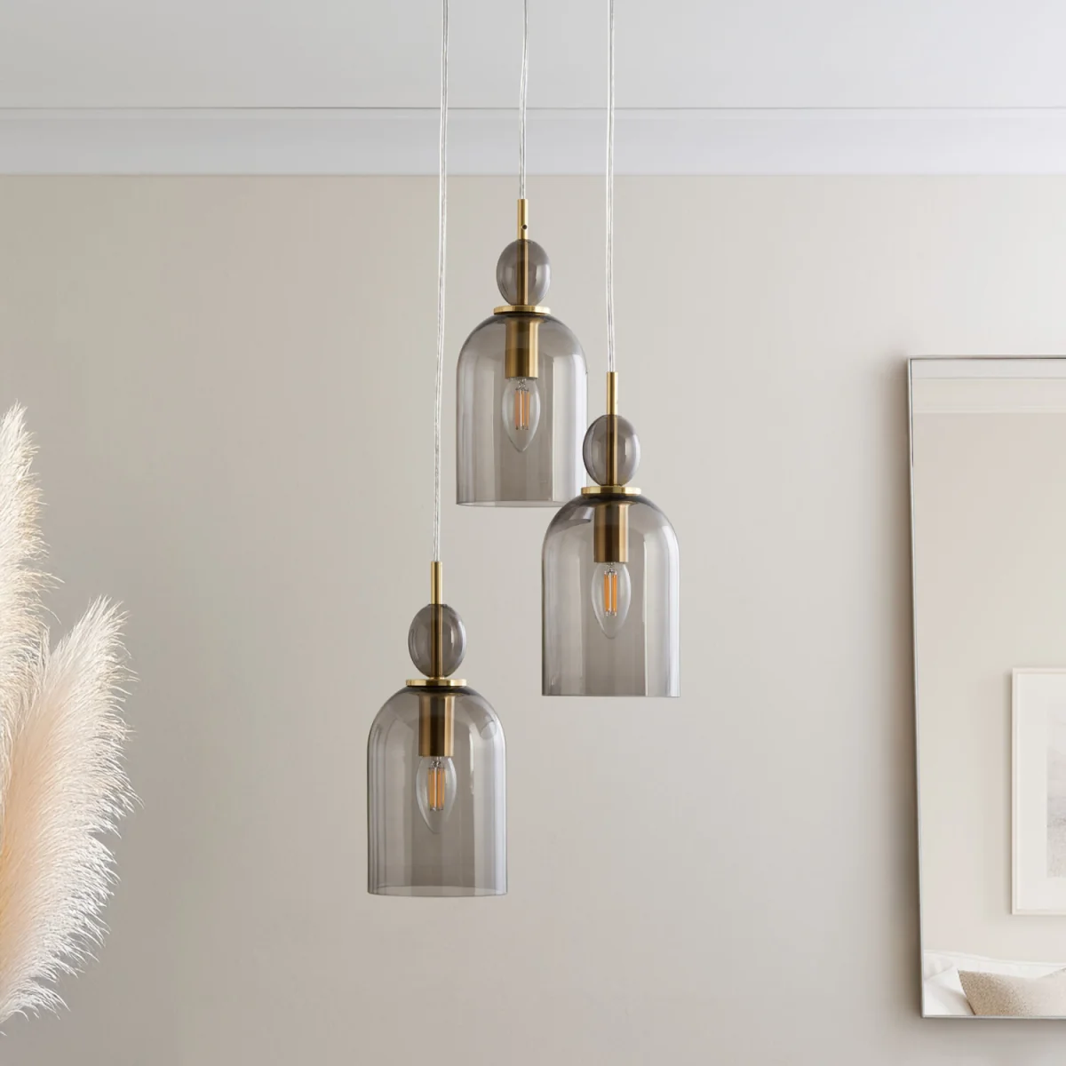 Pebble 3lt Ceiling Pendant Light - Satin Brass Plate And Smoked Glass – image 9