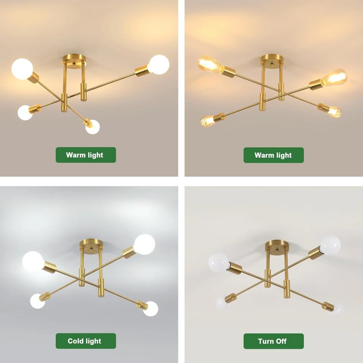 GOECO Ceiling Lights 180° Adjustable Sputnik Chandelier, E27 Bulb Not Included-Gold - Gold – image 6