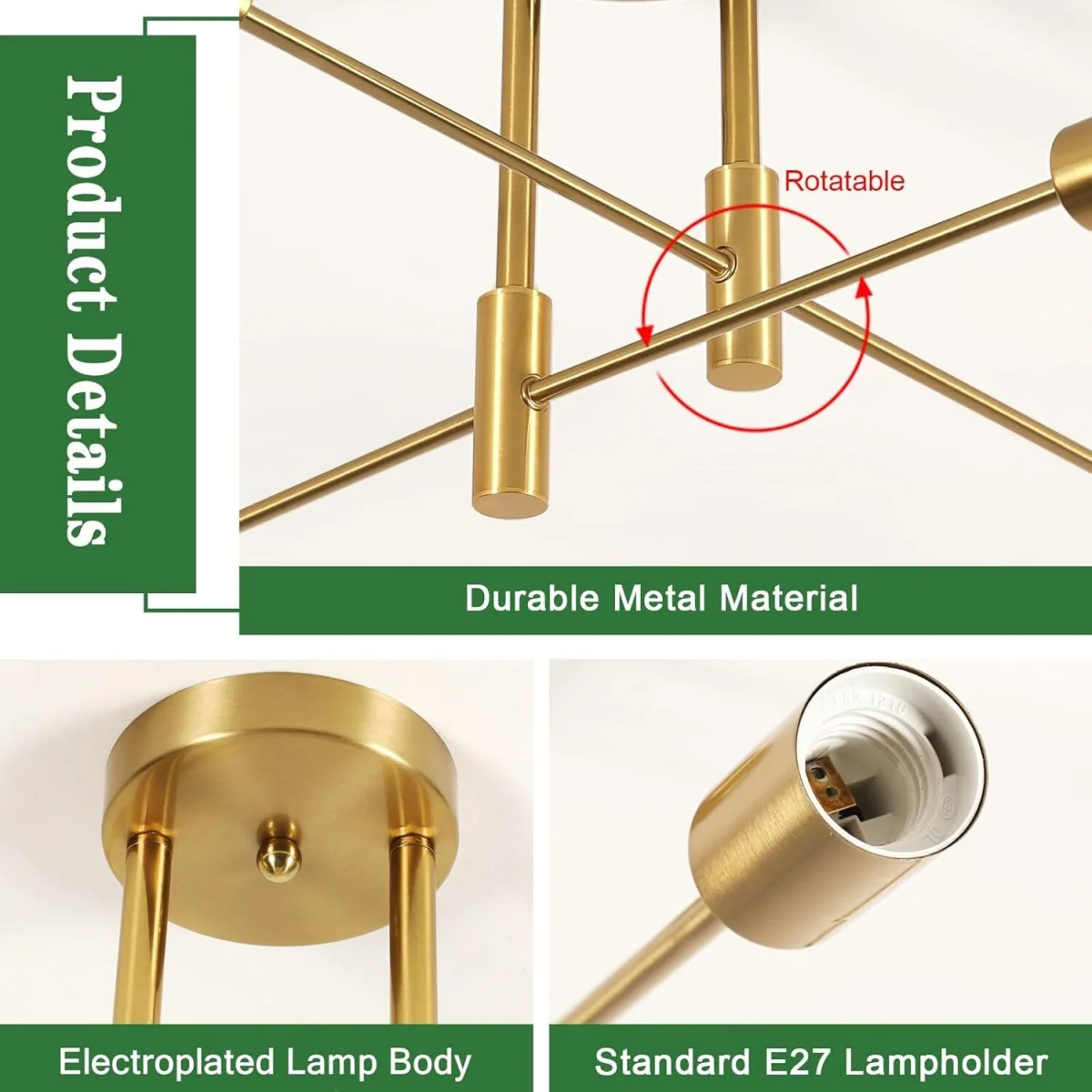 GOECO Ceiling Lights 180° Adjustable Sputnik Chandelier, E27 Bulb Not Included-Gold - Gold – image 7