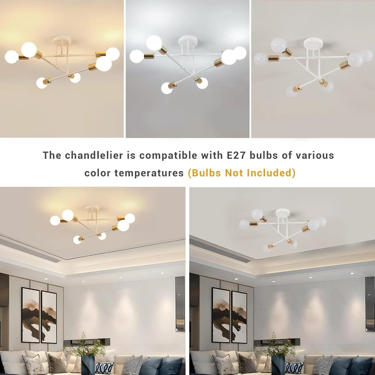 GOECO Ceiling Lights 180° Adjustable Sputnik Chandelier, E27 Bulb Not Included-Gold - Gold – image 8