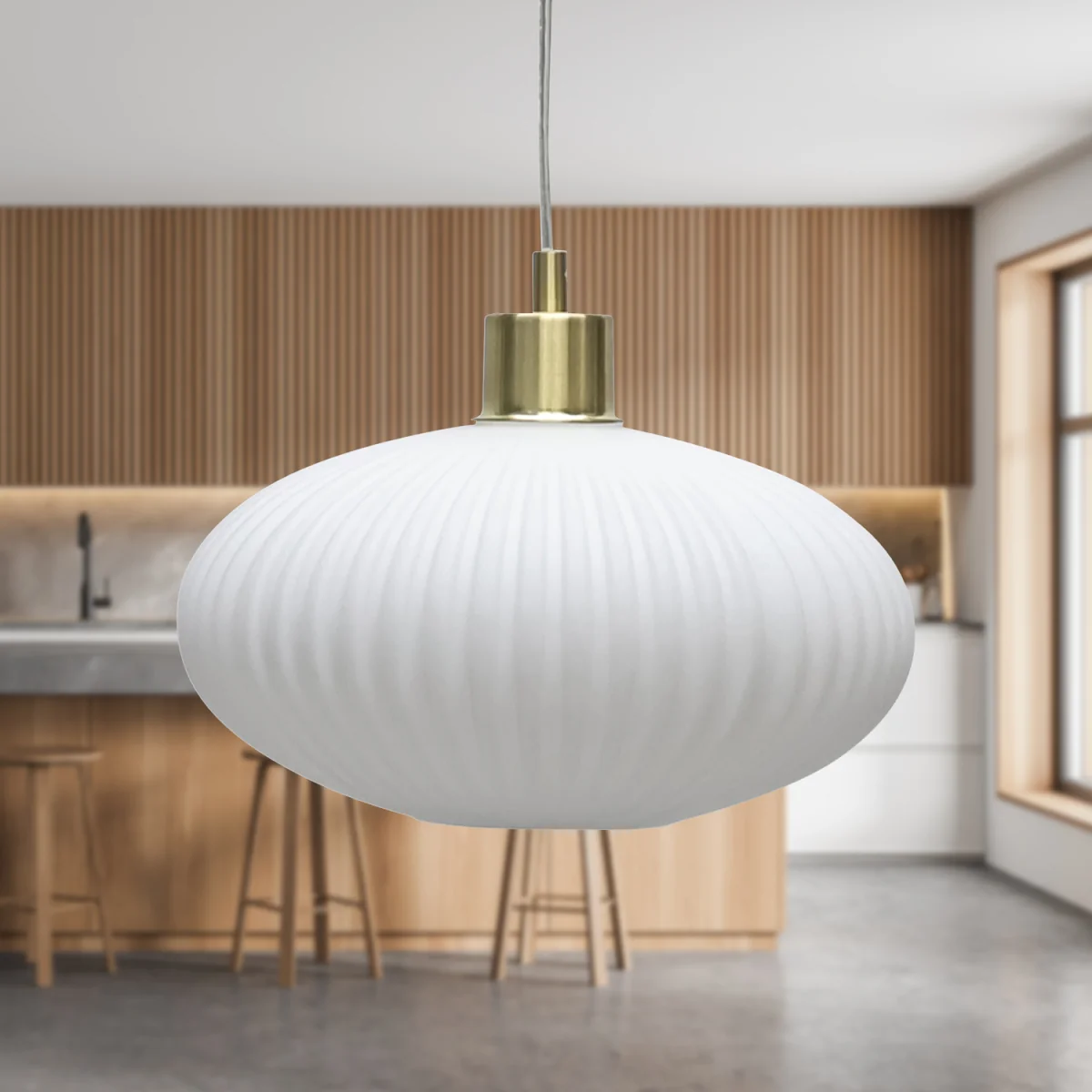Set Of 2 Baton White Ribbed Oval Glass With Satin Brass Pendants - Satin Brass & White – image 3