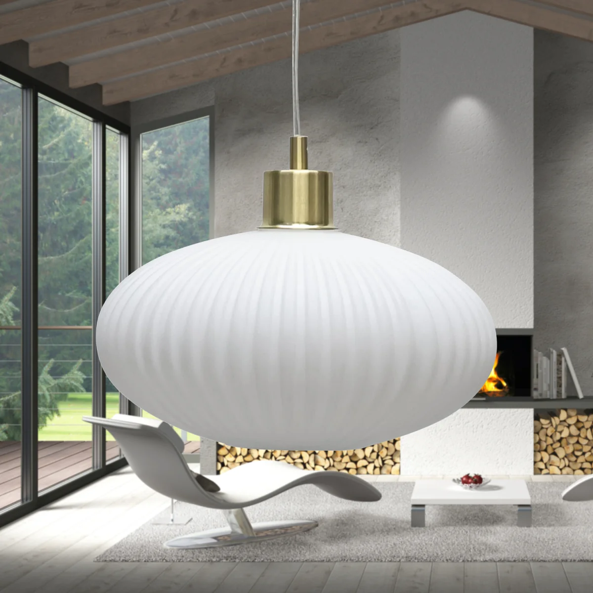 Set Of 2 Baton White Ribbed Oval Glass With Satin Brass Pendants - Satin Brass & White – image 4