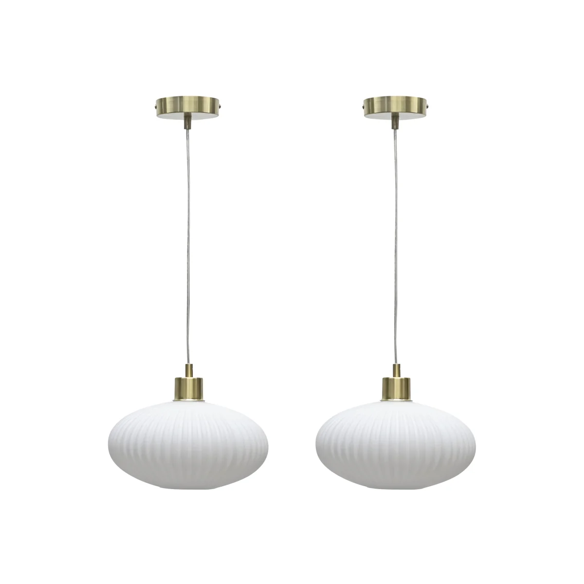 Set Of 2 Baton White Ribbed Oval Glass With Satin Brass Pendants - Satin Brass & White – image 1