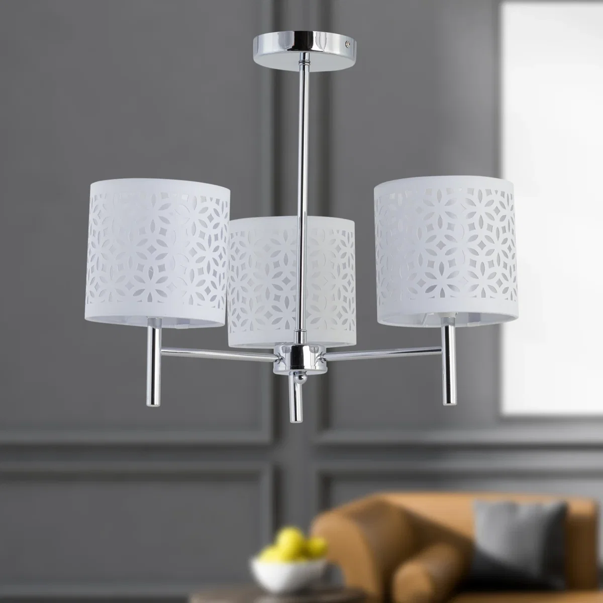 Brea Chrome 3 Light Fitting With White Cut Out Shades - Chrome & White – image 4