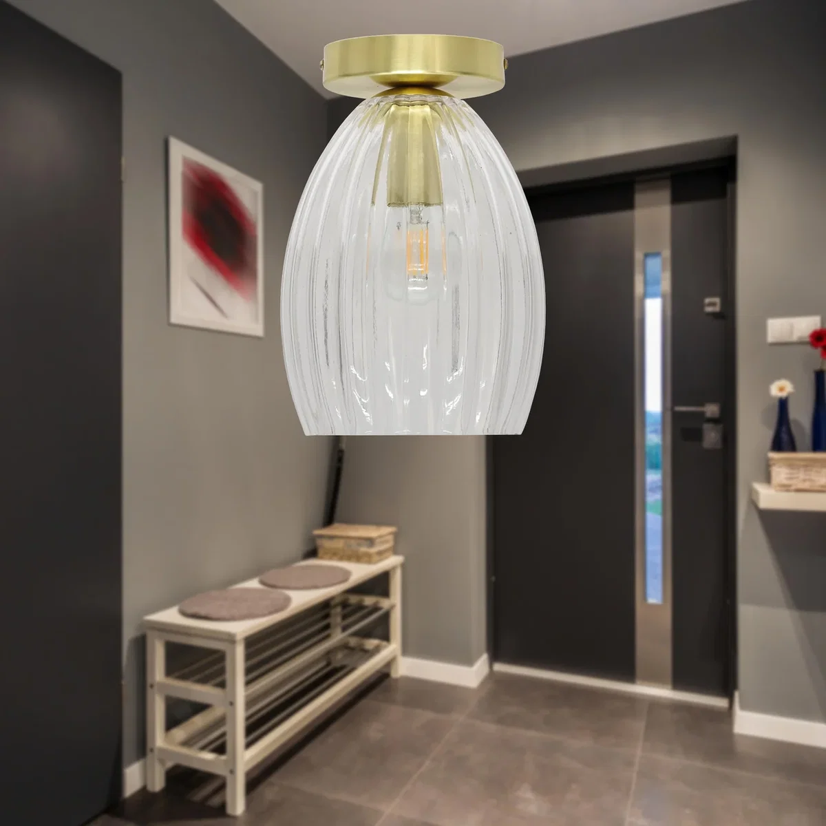 Birch Clear Fluted Glass Satin Brass Ceiling Light Fitting - Satin Brass & Clear – image 2