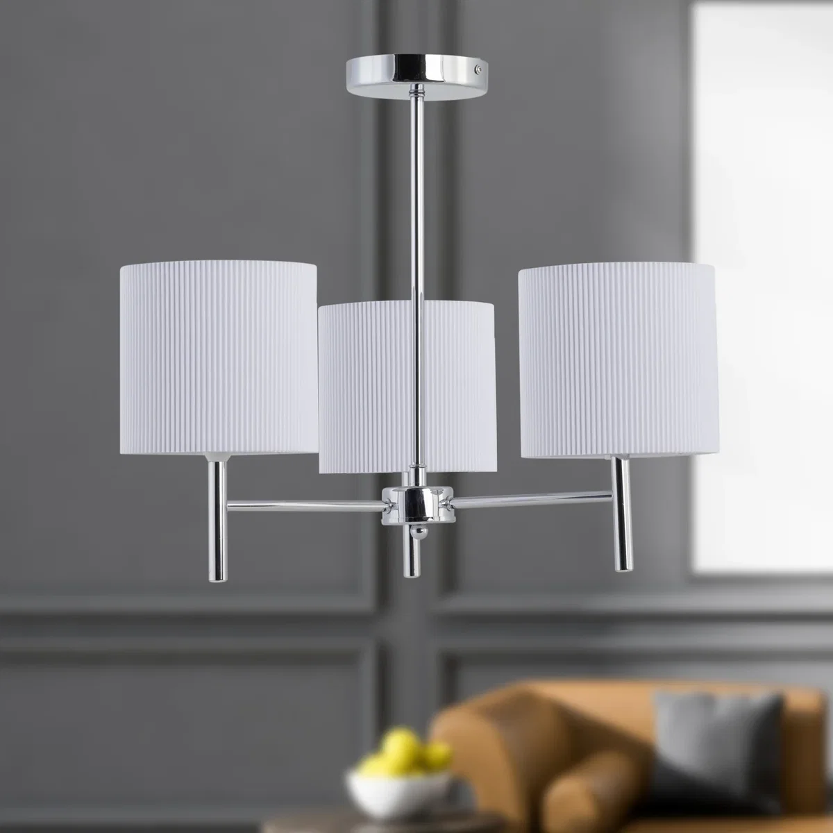 Brea Chrome 3 Light Fitting With White Pleated Shades - Chrome & White – image 4