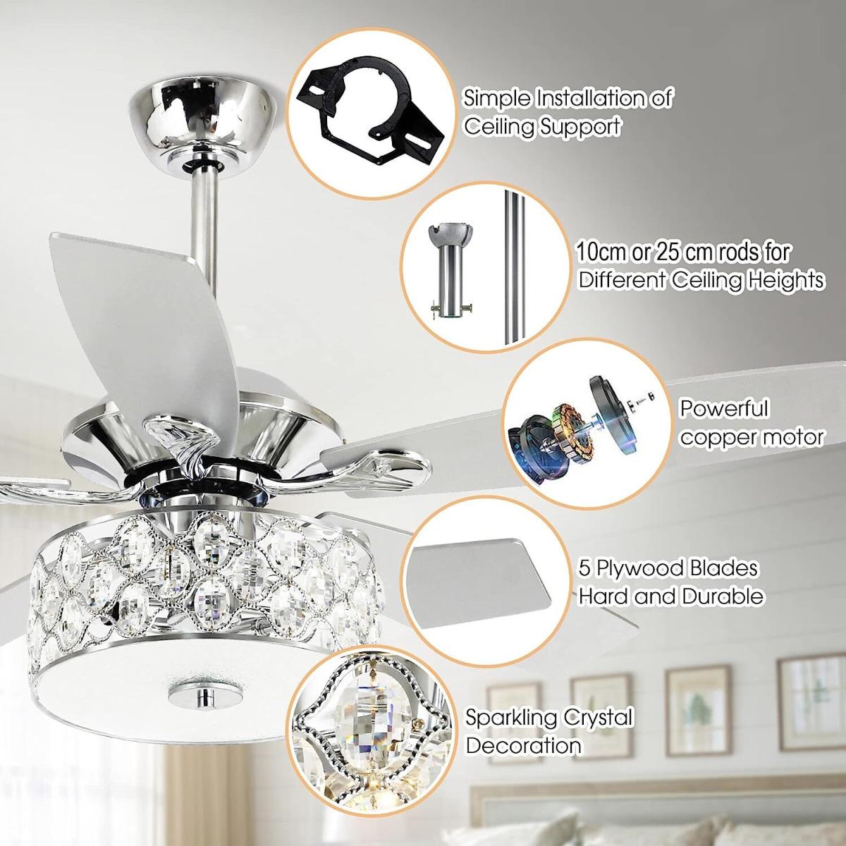 Indoor Ceiling Fan Light Chandelier With Reversible Motor Control 5-Blade - Sliver – image 7