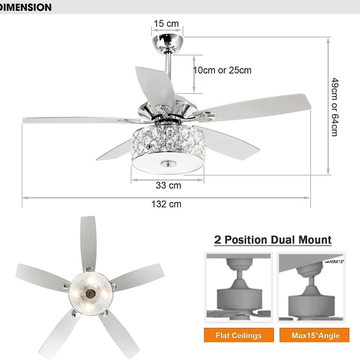 Indoor Ceiling Fan Light Chandelier With Reversible Motor Control 5-Blade - Sliver – image 9