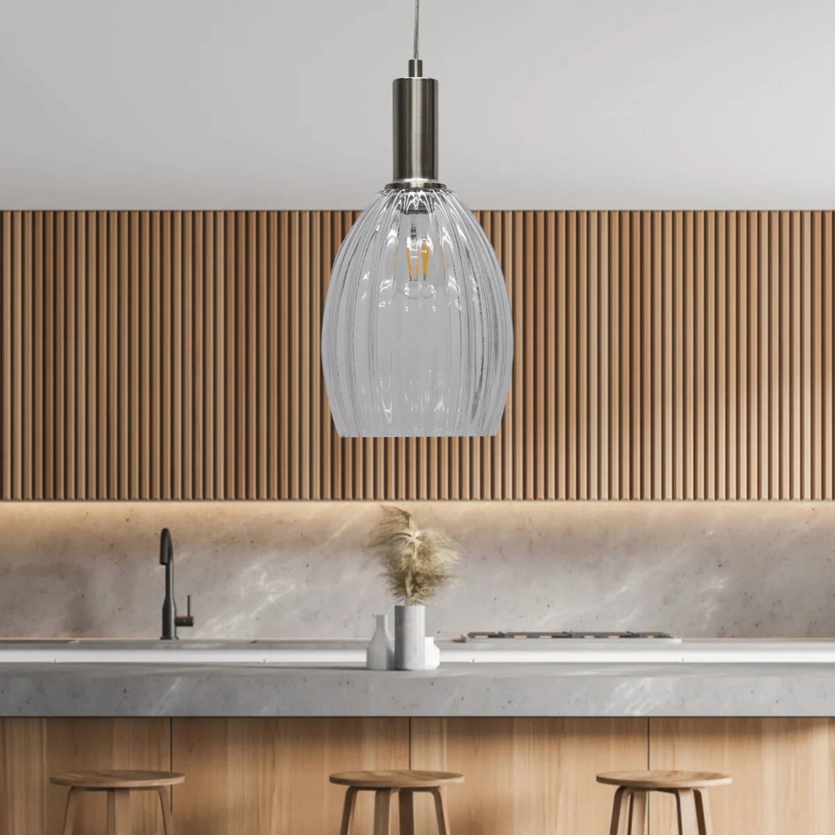 Set Of 2 Birch Ceiling Single Pendant Lights - Clear Ribbed Glass With Satin Nickel Plate Detail – image 4