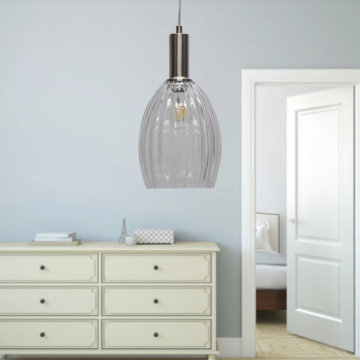 Set Of 2 Birch Ceiling Single Pendant Lights - Clear Ribbed Glass With Satin Nickel Plate Detail – image 5