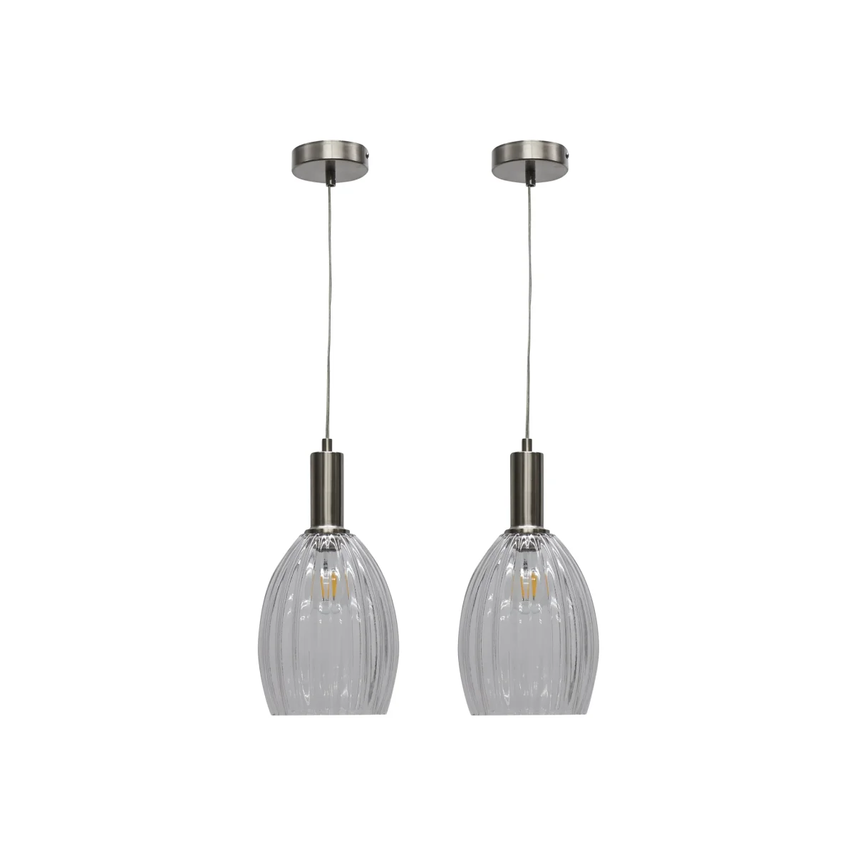 Set Of 2 Birch Ceiling Single Pendant Lights - Clear Ribbed Glass With Satin Nickel Plate Detail – image 1