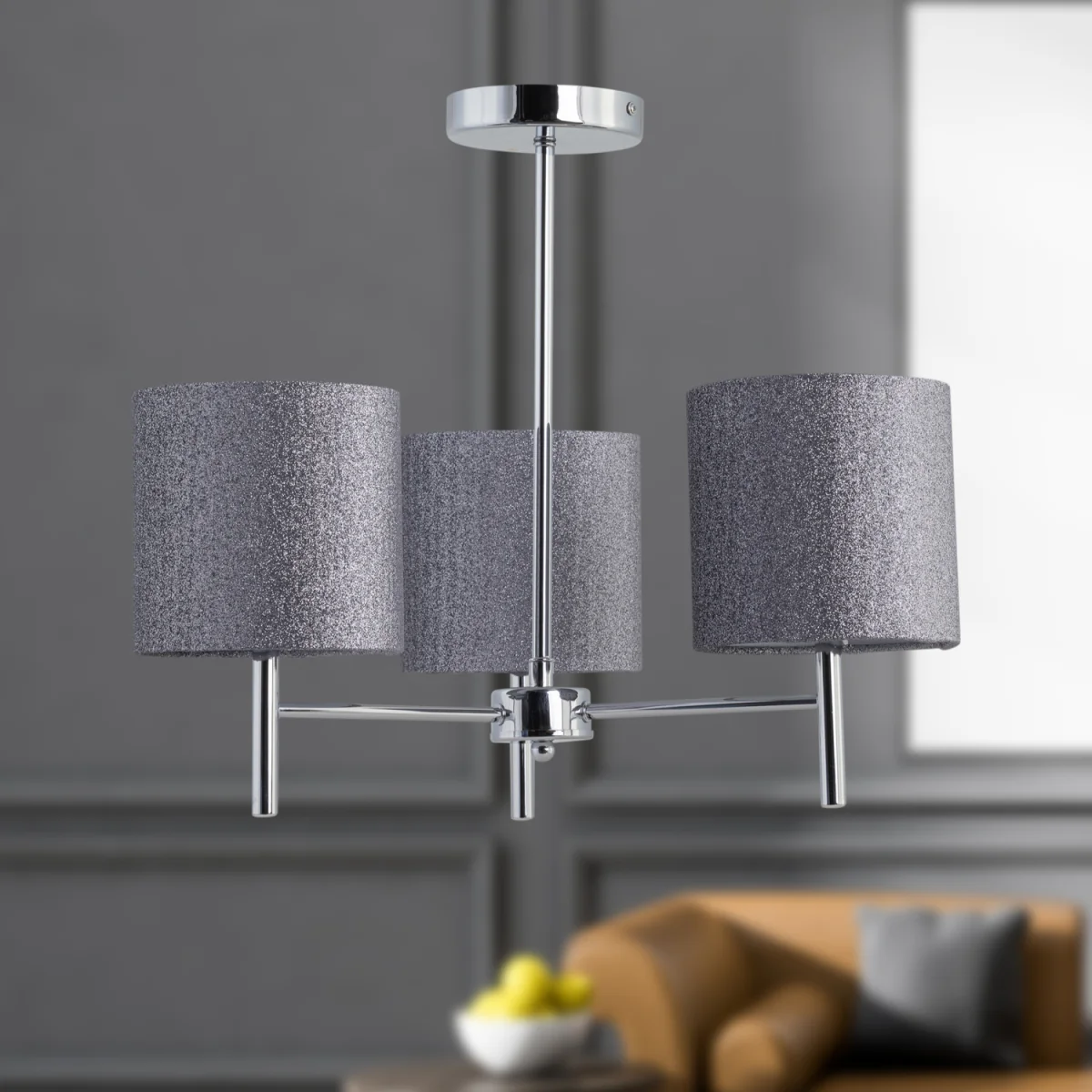 Brea Chrome 3 Light Fitting With Silvery Grey Glitter Shades - Chrome & Silver – image 4