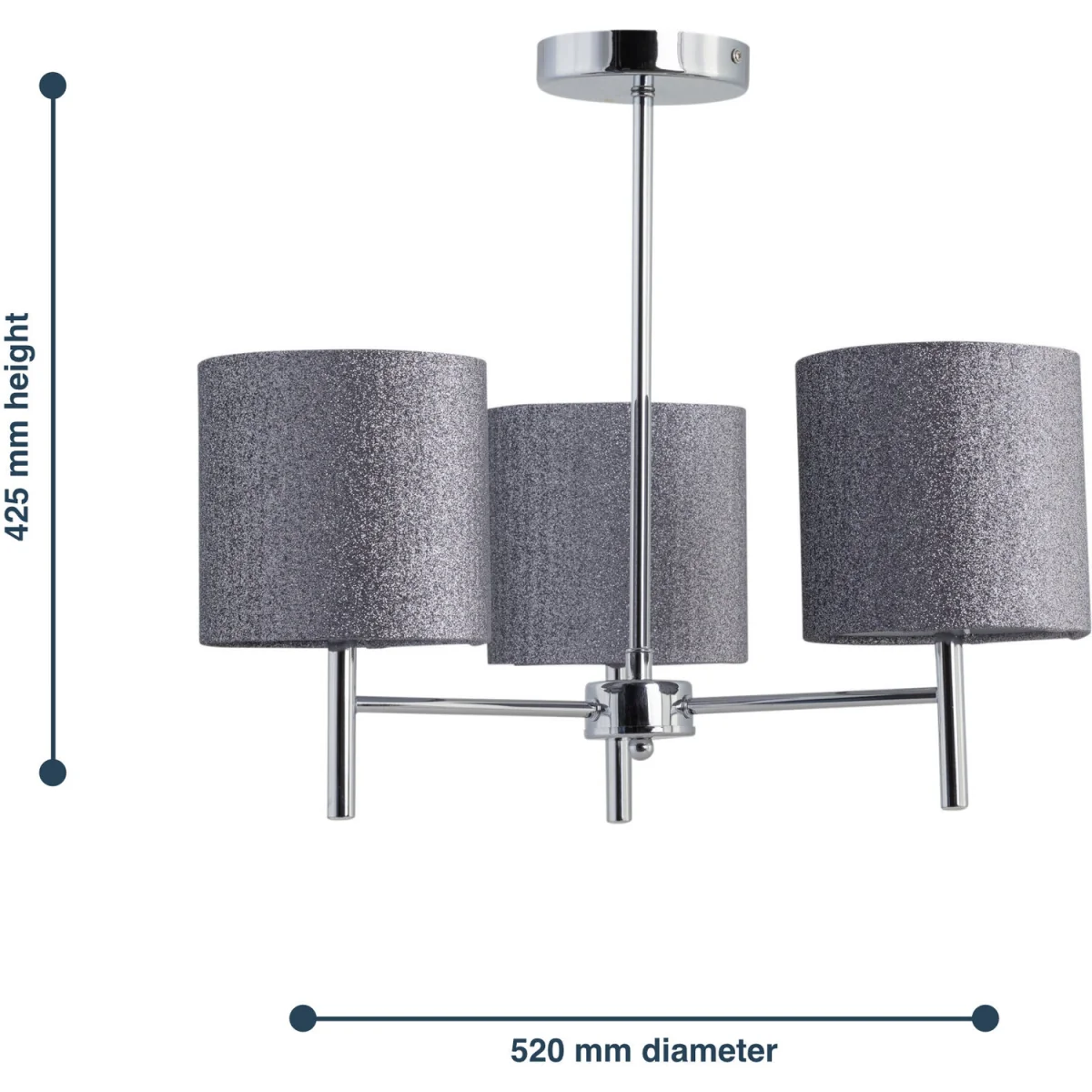 Brea Chrome 3 Light Fitting With Silvery Grey Glitter Shades - Chrome & Silver – image 5