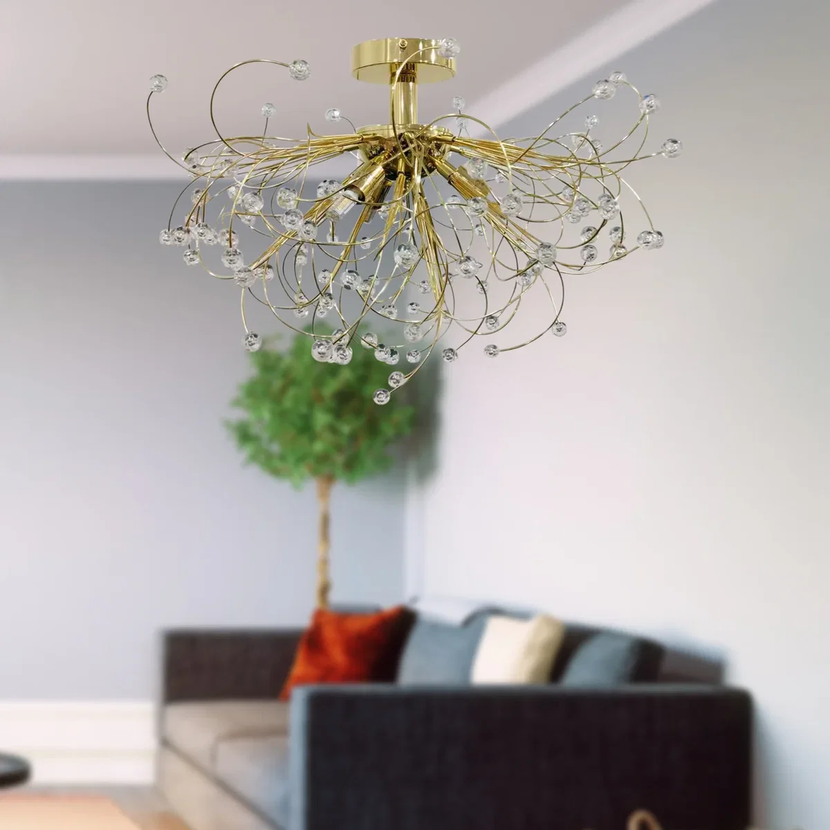 Set Of 2 Burst Flush Ceiling Lights - Polished Brass Plate And Clear Beaded Acrylic – image 6