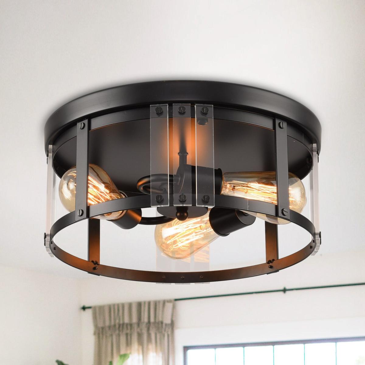 Industrial 3 Light Metal and Crystal Ceiling Light E27 - Black – image 1