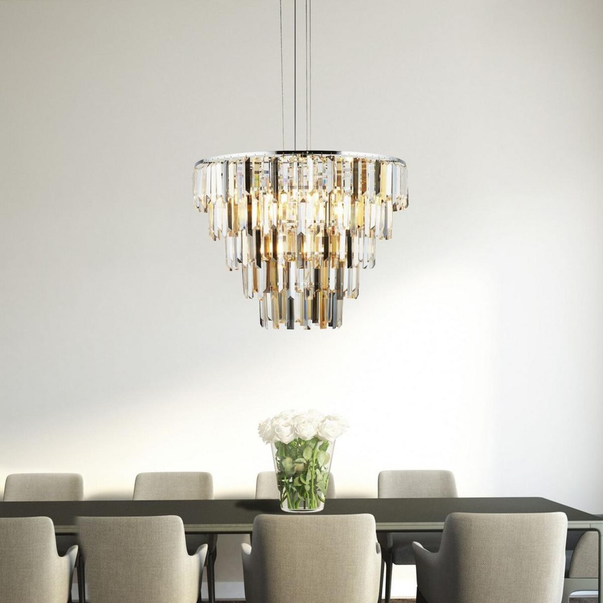 Clarissa 9 Light Chrome Ceiling Pendant with Amber, Smokey Crystal Prism Drops - Chrome – image 2