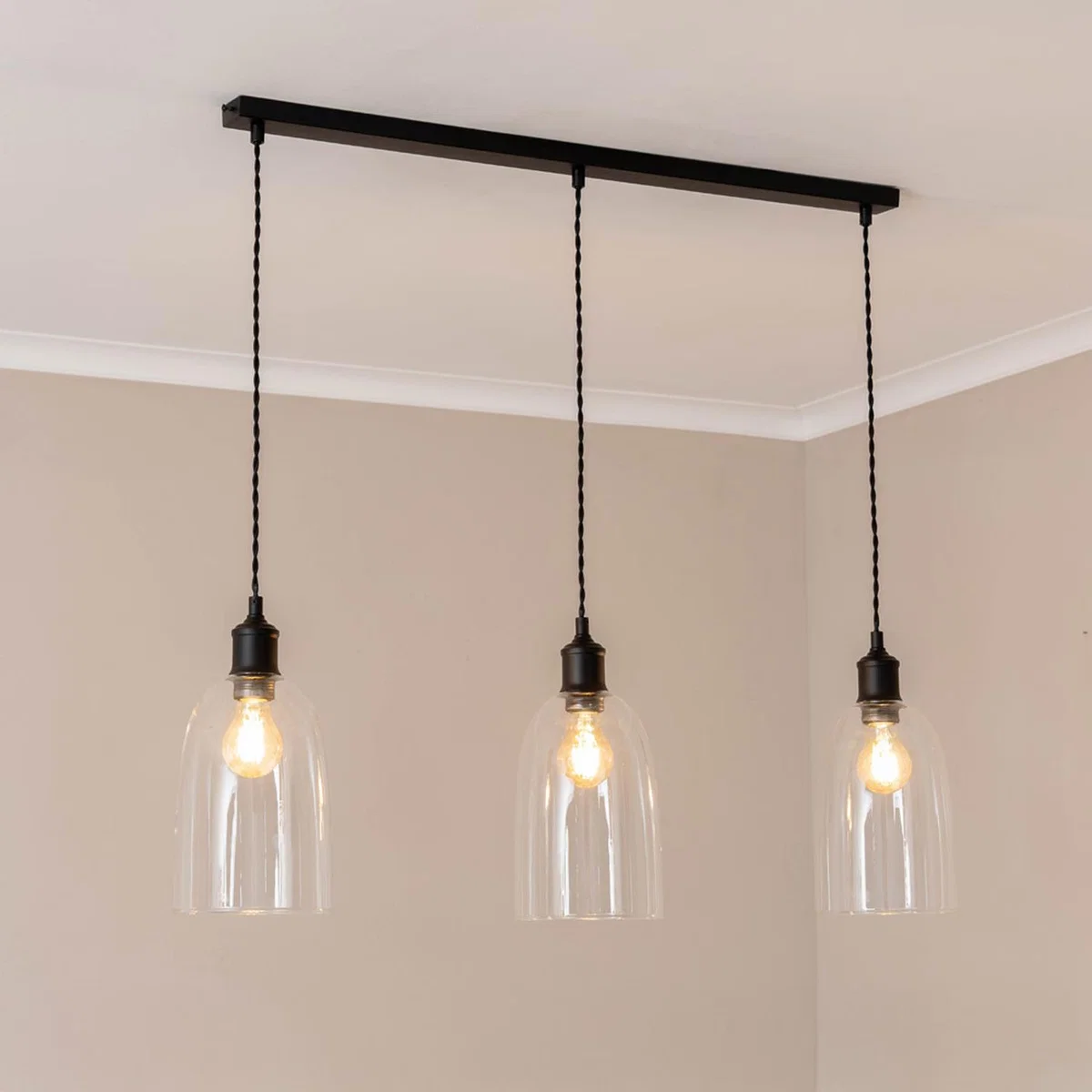 Kira Glass Dome 3 Drop Bar Ceiling Pendant Light with LED Bulbs - Black