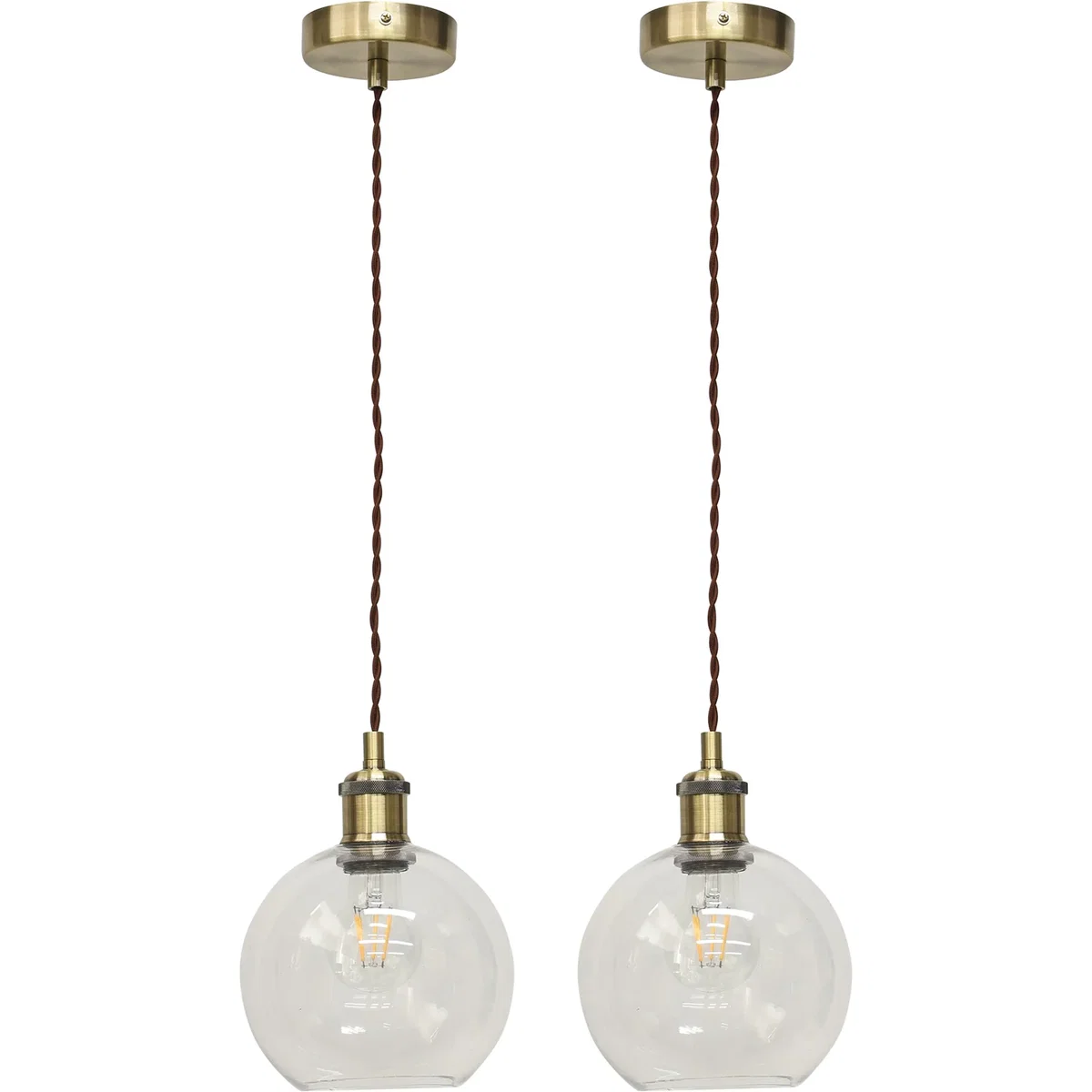 Set Of 2 Barnum Clear Glass Globe Antique Brass Retro Pendants - Antique Brass & Clear – image 2