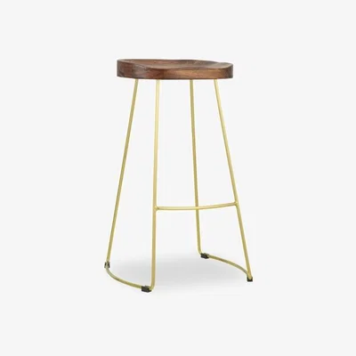 Cult Furniture £20 Off Victoria Metal Bar Stool, Elm Wood & Brass Seat Colour: Dark Wood Seat