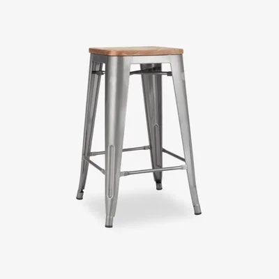 Cult Furniture Xavier Pauchard Tolix Style Metal Kitchen Stool, Elm Wood & Gunmetal Size: 65cm