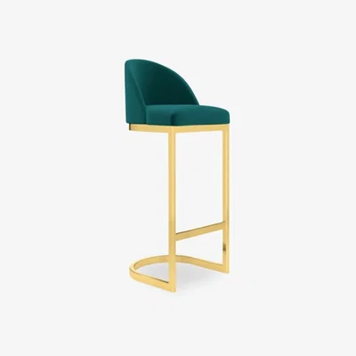 Cult Furniture Matteo Bar Stool with Backrest, Teal Velvet Leg Colour: Brass
